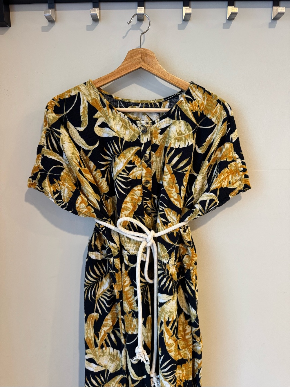 Handmade Vintage Gauze Cotton Tropical Leaf Print Short Sleeve Dress